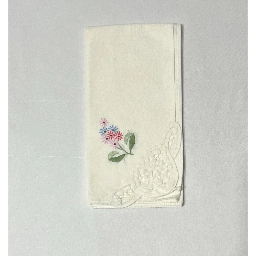 Vintage Hanky Handkerchief Dollie Floral Embroidery Lace Grandma Handmade LN